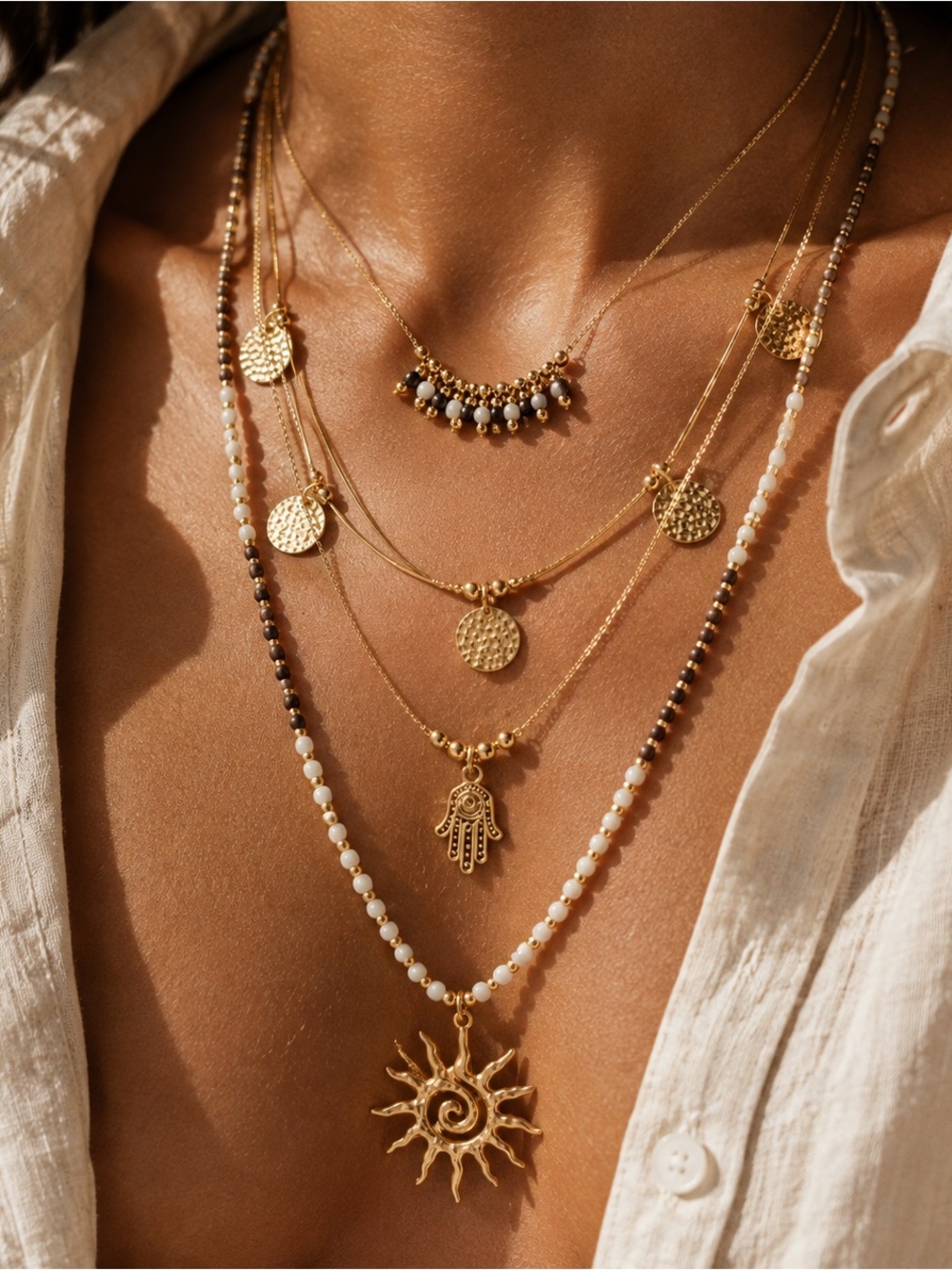 Gold Tone Boho Layered Sun Hamsa Beaded Necklace Set of 2